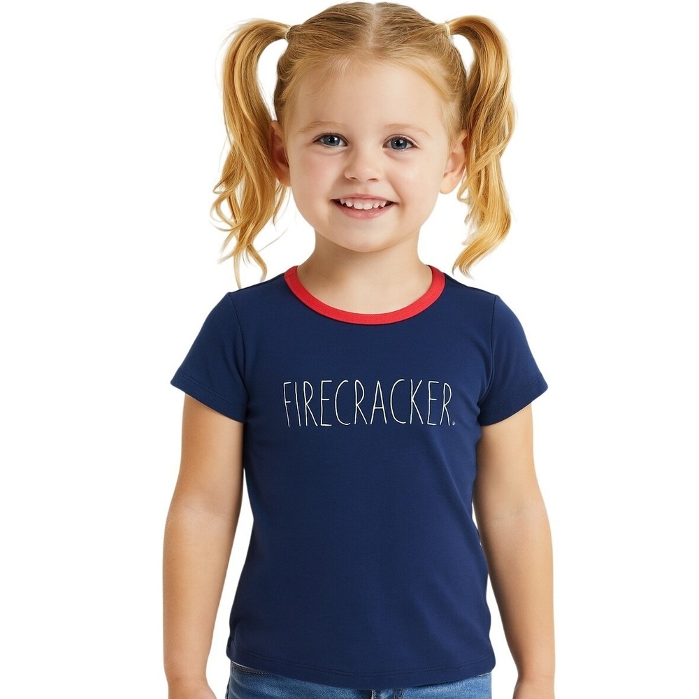 Rae Dunn Kids Firecracker PJ Graphic Tee‎ Patriotic 4th of July Blue Americana